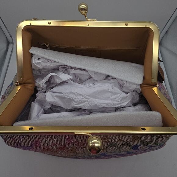 NWT Coach Large Kisslock Frame Bag Rainbow Crystal Signature Jacquard CCX15 - Picture 7 of 9